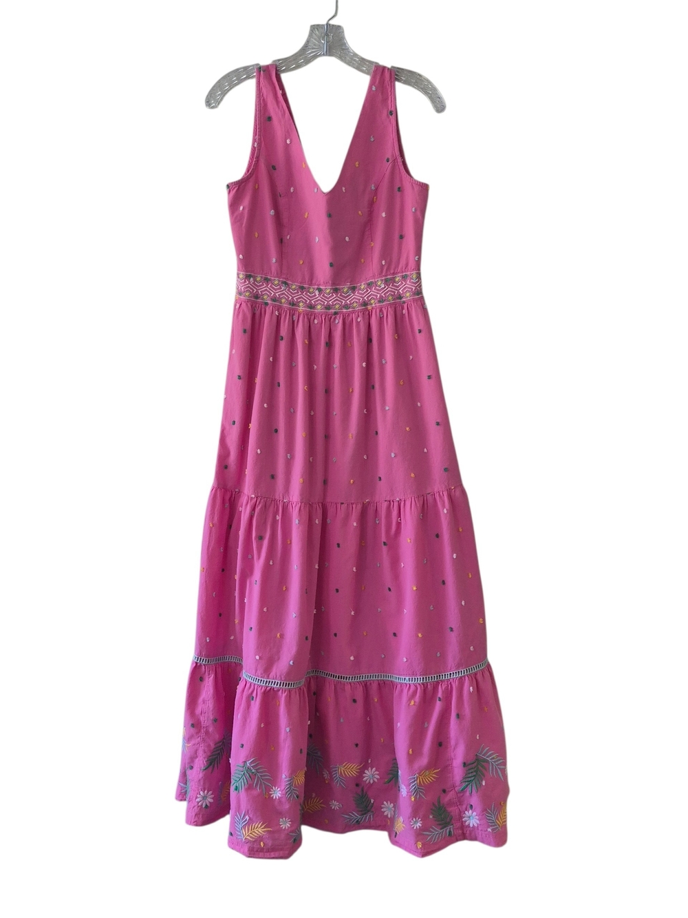 Crown & Ivy Maxi Dress Women's 6 Pink Embroidered Sleeveless V-Neck Boho Summer